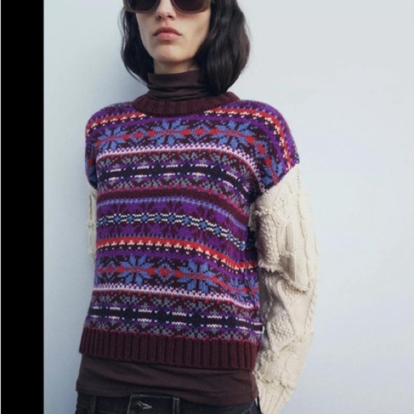 Zara Sweaters - Zara Fair Isle knit pullover sweater with contrasting knit jacquard sleeves M